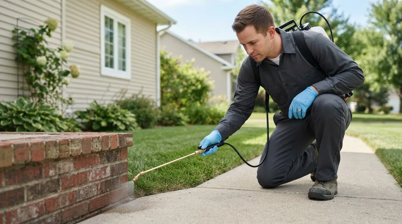 Pest control technician treating a home near Watertown, MA