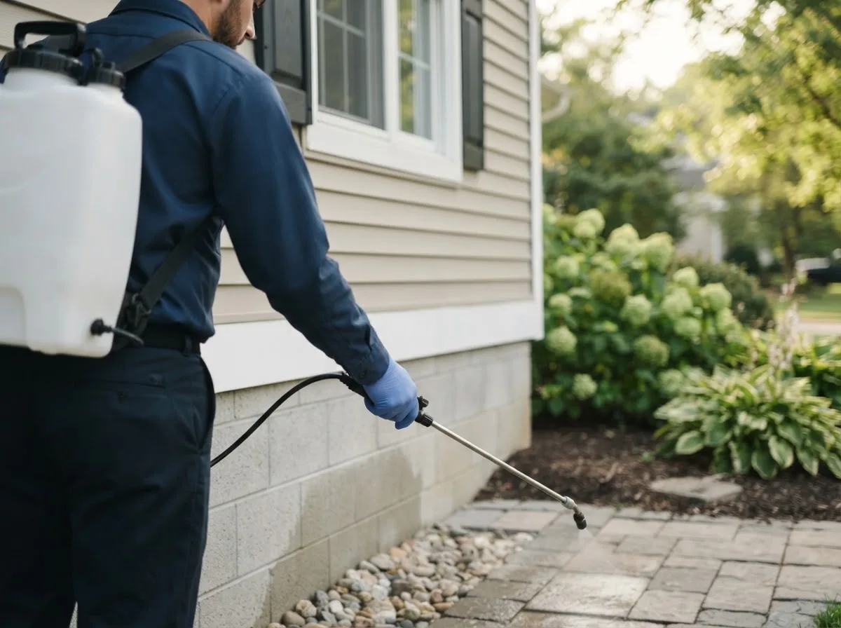 Pest control technician inspecting a home in Watertown, MA